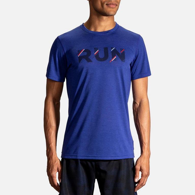 Brooks Distance Graphic - Mens Short Sleeve Running Shirt - Blue (98243GKFP)